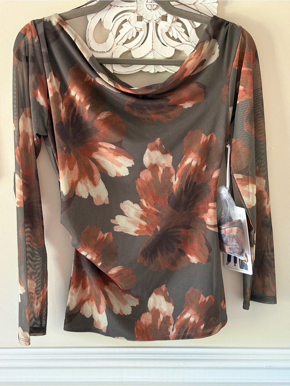 Cowl-Neck Floral Long-Sleeve Blouse in Brown Rust